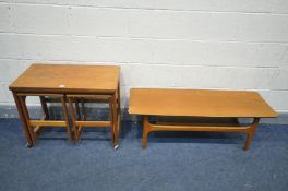 A MCINTOSH TRIFORM TEAK NESTING TABLES, with a fold over top, and two small tables, width 75cm x