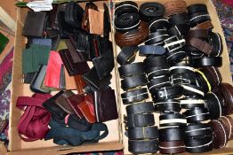 TWO BOXES OF MEN'S BELTS, BRACES, WALLETS AND COIN PURSES, ETC, approximately forty nine belts,