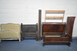 A VICTORIAN FLAME MAHOGANY 4FT SLEIGH BEDSTEAD (missing one side rail, and veneer) a Georgian oak