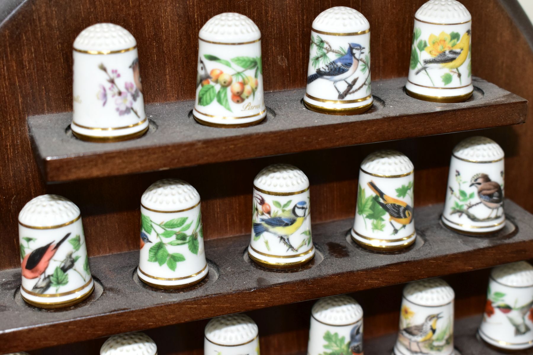TWO WALL HANGING THIMBLE DISPLAY SHELVES CONTAINING MODERN PORCELAIN THIMBLES, comprising a set of - Image 6 of 15