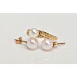 A 9CT GOLD CULTURED PEARL RING AND A PAIR OF EARRINGS, the ring desinged with a central single