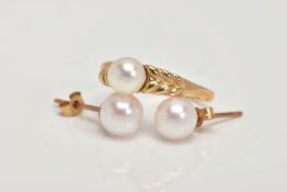 A 9CT GOLD CULTURED PEARL RING AND A PAIR OF EARRINGS, the ring desinged with a central single