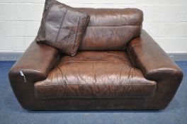 A BROWN LEATHER LARGE SINGLE ARMCHAIR, width 146cm x inner width 80cm x depth 100cm x height 70cm