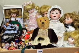 A BOX OF COLLECTORS DOLLS TO INCLUDE A BISQUE HEAD DOLL IMPRESSED JUTTA 1914, sleeping eyes, open