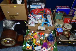 FOUR BOXES AND LOOSE OLYMPIC MEMORABILIA, VINTAGE TINS, TOYS, PICTURES, CLOCK ETC, to include