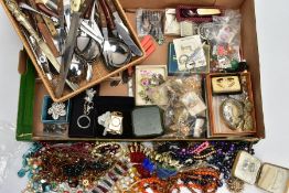 A BOX OF ASSORTED ITEMS, to include a small quantity of silver and white metal jewellery, such as