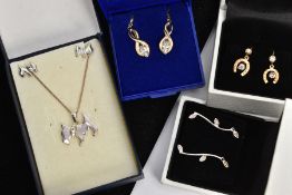 A SELECTION OF EARRINGS, to include one pair of white gold foliage style drop earrings, set with a