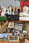 FOUR BOXES AND LOOSE CERAMICS, METALWARES, BOOKS, RECORDS AND PICTURES, ETC, including a Poole '