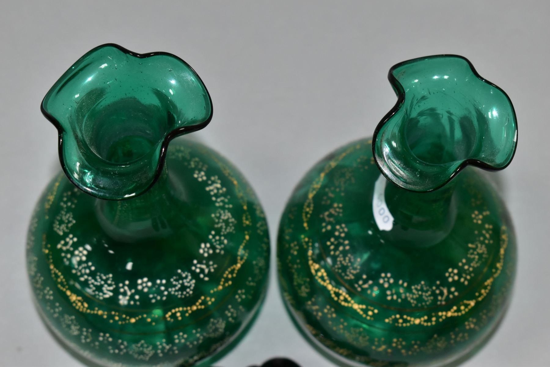 A PAIR OF VICTORIAN GREEN GLASS DECANTERS, with stoppers and four bands of dotted floral and other - Image 8 of 10