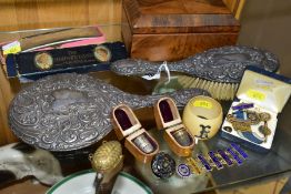 A GROUP OF VINTAGE HOUSEHOLD AND SUNDRY ITEMS, comprising a silver brush and mirror (some