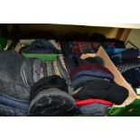 FOUR BOXES OF GENTS FLAT CAPS, SCARVES, GLOVES, ASSORTED HATS AND SOCKS, the socks in packs, sized