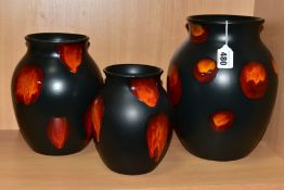 THREE POOLE POTTERY GALAXY DESIGN BALUSTER VASES, printed marks to the bases, heights 18cm, 20cm and