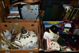 SIX BOXES AND LOOSE METAL WARES, LIGHT FITTINGS, ELECTRICAL ITEMS, HANDBAGS AND SUNDRY ITEMS, to