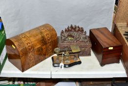 WOODEN BOXES AND POSTAL SCALES, COMPRISING A VICTORIAN WALNUT AND TUNBRIDGE TEA CADDY, domed top,