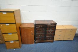 A PAIR OF BEECH THREE DRAWER FILING CABINETS, a teak cased singer sewing machine, a mahogany tv