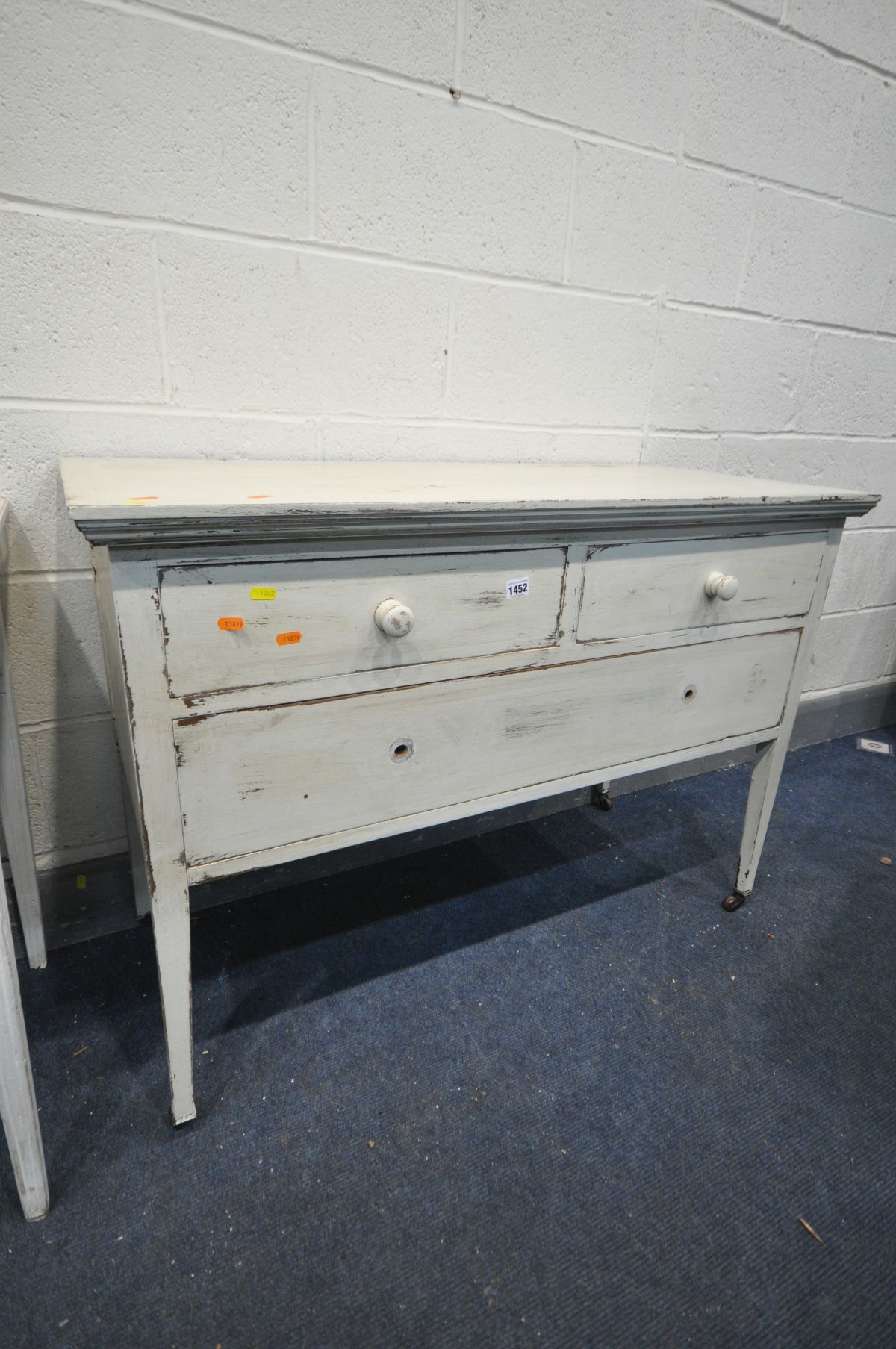 A PAINTED MAHOGANY CHEST OF THREE DRAWERS, on square tapering legs, width 107cm x depth 48cm x - Image 2 of 3