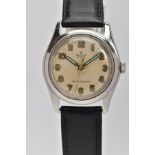 A 'ROLEX OYSTER' WRISTWATCH, silver coloured case with an off white face, Arabic luminescent