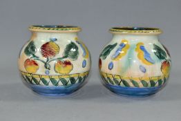 TWO ROYAL DOULTON BRANGWYN WARE VASES D5079, hand painted decoration, transfer printed back