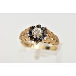 A 9CT GOLD SAPPHIRE AND DIAMOND CLUSTER RING, the cluster of a flower shape, set with a central