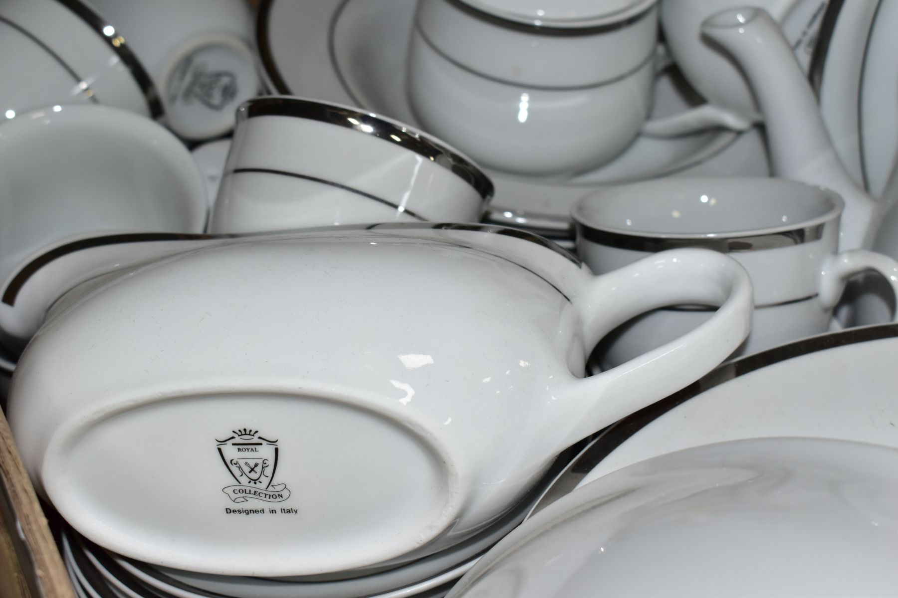 FIVE BOXES OF CERAMICS, ETC, including a modern Italian white and silver lustre part dinner service, - Image 3 of 11