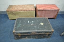 A VINTAGE TRAVELLING TRUNK, and two Lloyd loom ottomans (3) (condition:-all items distressed)