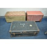 A VINTAGE TRAVELLING TRUNK, and two Lloyd loom ottomans (3) (condition:-all items distressed)