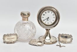 ASSORTED SILVER ITEMS, to include a weighted base standing silver clock with black Arabic numerals