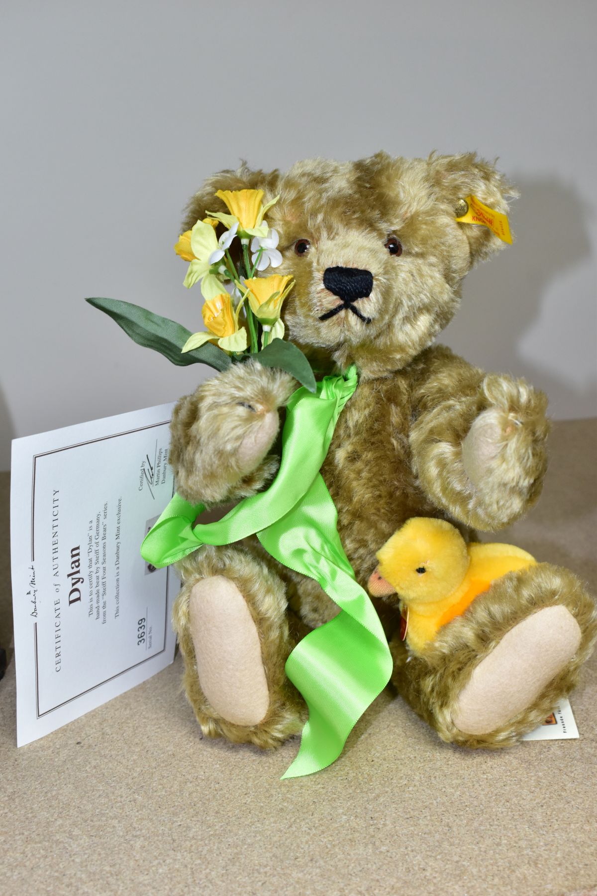 A DANBURY MINT STEIFF DYLAN TEDDY BEAR, a handmade blonde bear from the Steiff Four Seasons Bears