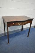 A GEORGIAN MAHOGANY SIDE TABLE with a single drawer, on square legs, width 97cm x depth 59cm x