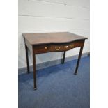 A GEORGIAN MAHOGANY SIDE TABLE with a single drawer, on square legs, width 97cm x depth 59cm x