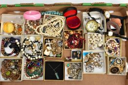 A BOX OF ASSORTED JEWELLERY, to include a strand of dyed cultured pearls, three necklaces stamped