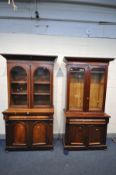 TWO VICTORIAN MAHOGANY BOOKCASES, with double glazed doors above a frieze drawer and cupboard doors,