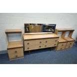 A MID-CENTURY TEAK EFFECT DRESSING TABLE, with four drawers and rectangular mirror, width 131cm x