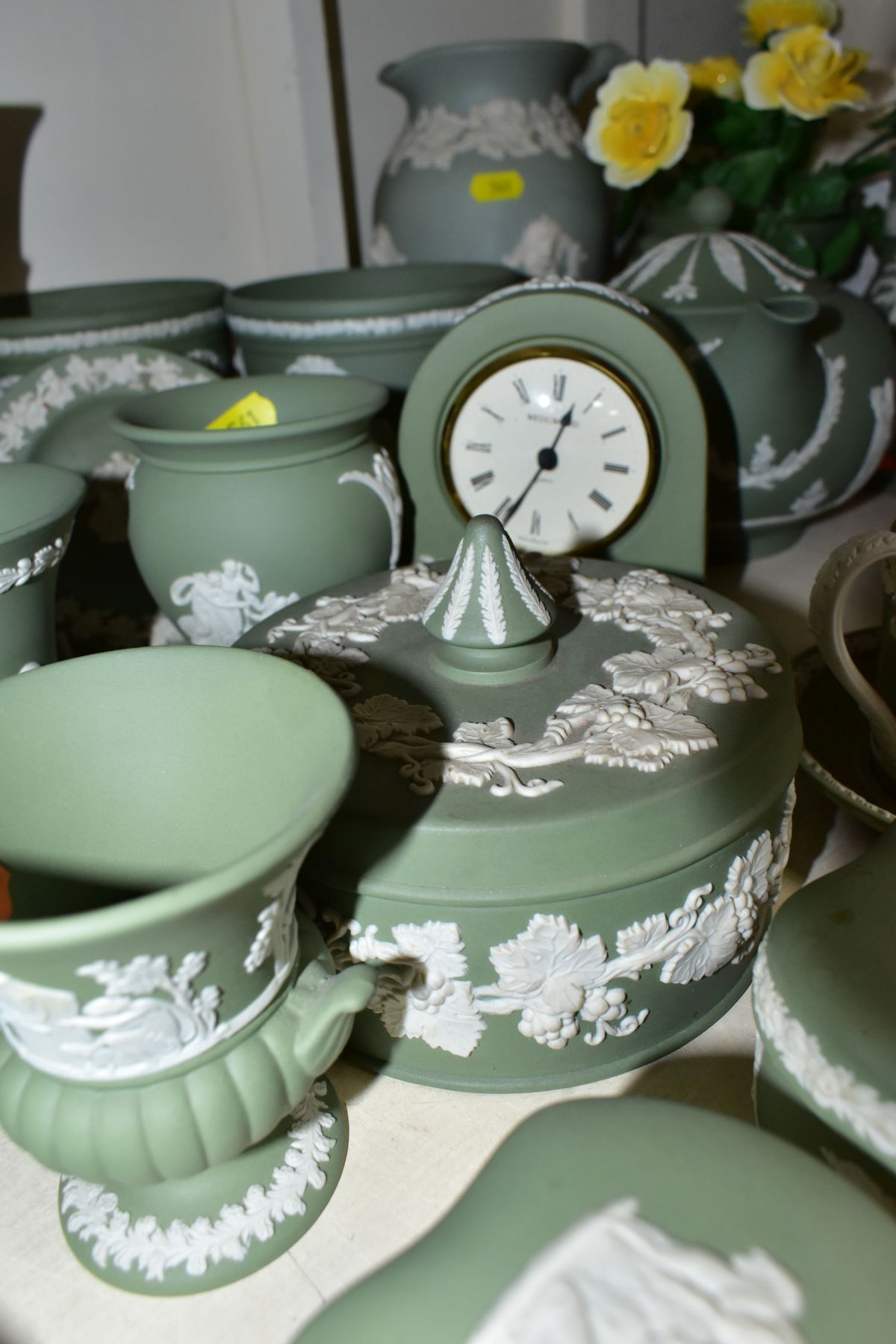 THIRTY EIGHT PIECES OF WEDGWOOD JASPERWARE, with a pale green jug with stamped mark Dudson, - Image 6 of 10