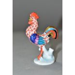 A MINIATURE HEREND PORCELAIN COCKEREL IN IRON RED FISHNET, model number 5042, printed and incised