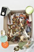 A BOX OF ASSORTED ITEMS, to include a tray of loose carved and polished semi-precious gemstones such