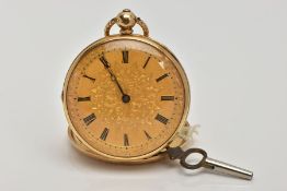 A LADYS MID-VICTORIAN, 18CT GOLD OPEN FACE POCKET WATCH, round gold floral detailed dial, Roman
