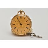 A LADYS MID-VICTORIAN, 18CT GOLD OPEN FACE POCKET WATCH, round gold floral detailed dial, Roman