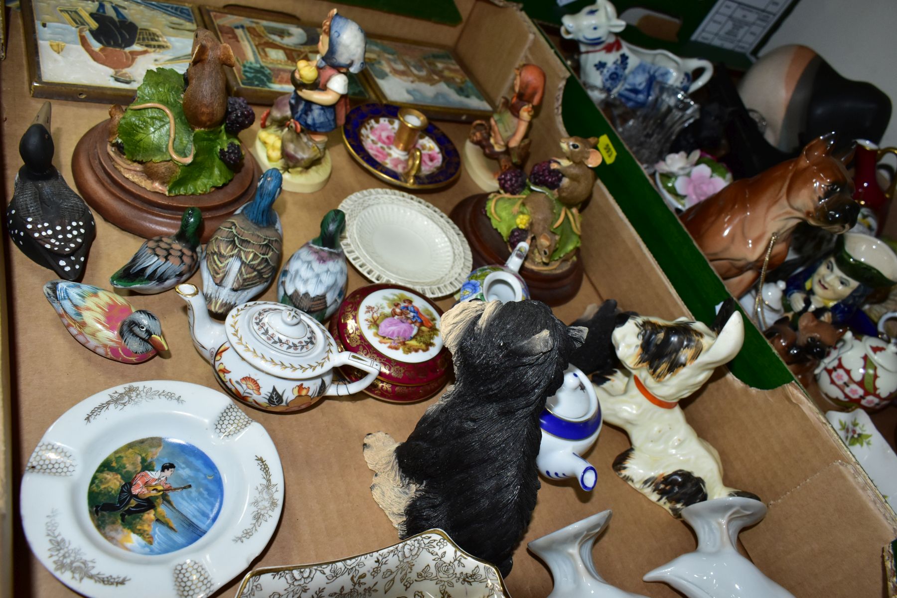 TWO BOXES OF CERAMIC ORNAMENTS ETC, to include two Lladro geese, a Crown Devon terrier height - Image 4 of 8