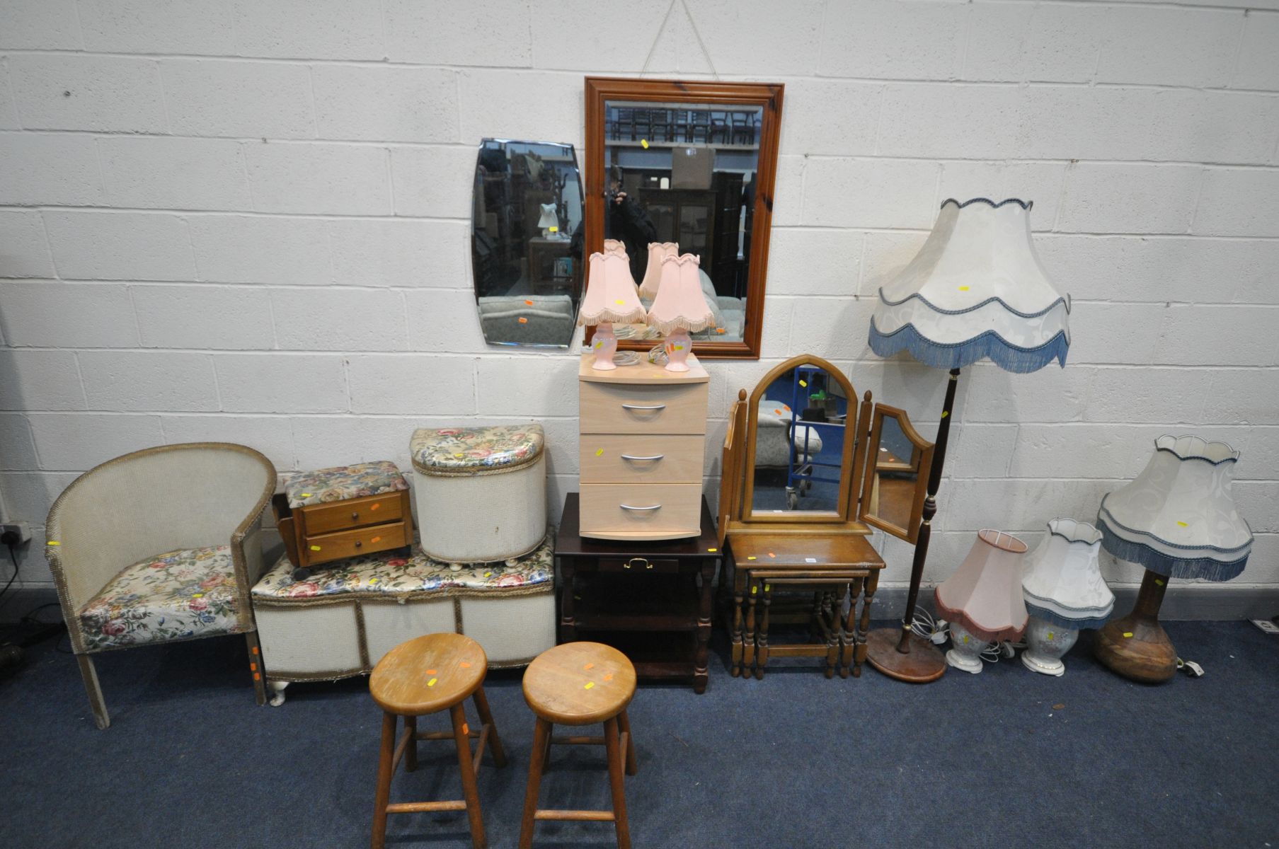 A SELECTION OF OCCASIONAL FURNITURE, to include an oak nest of three tables, a pine triple mirror,