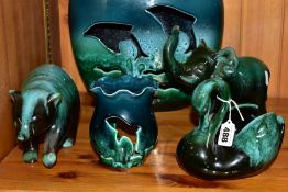 FIVE PIECES OF LATE 20TH AND 21ST CENTURY BLUE/GREEN GLAZED POTTERY, comprising a decorative purse