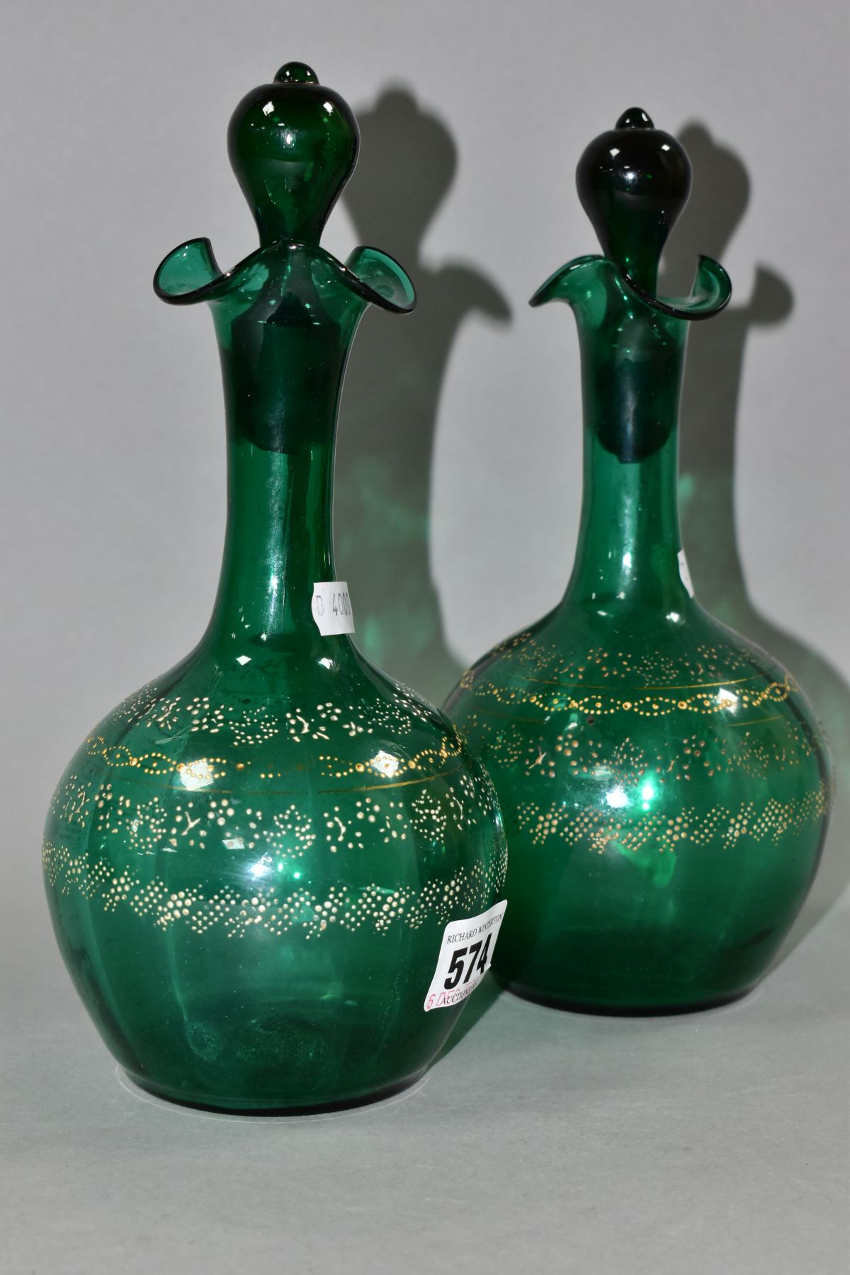 A PAIR OF VICTORIAN GREEN GLASS DECANTERS, with stoppers and four bands of dotted floral and other - Image 2 of 10
