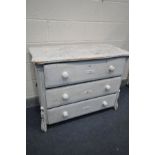 A PAINTED 19TH CENTURY CONTINENTAL STYLE CHEST OF THREE LONG DRAWERS, width 104cm x depth 50cm x