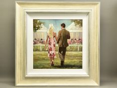 MARK SPAIN (BRITISH 1962) 'WALKING AT ASCOT', male and female figures walking across a racecourse,