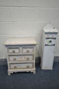 A SMALL PAINTED PINE CHEST OF FOUR DRAWERS, width 49cm x depth 30cm x height 56cm and a painted