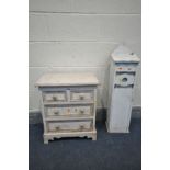 A SMALL PAINTED PINE CHEST OF FOUR DRAWERS, width 49cm x depth 30cm x height 56cm and a painted