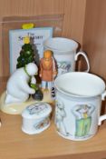 THREE PIECES OF ROYAL DOULTON 'THE SNOWMAN' GIFTWARE AND A COALPORT CHARACTERS FIGURE, comprising