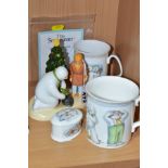 THREE PIECES OF ROYAL DOULTON 'THE SNOWMAN' GIFTWARE AND A COALPORT CHARACTERS FIGURE, comprising