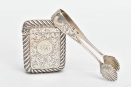 A SILVER VESTA AND SUGAR TONGS, silver vesta with a foliage and scroll design, engraved cartouche