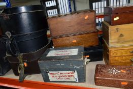 A GROUP OF WOODEN BOXES AND LEATHER CASES ETC, to include a World War Two P12 aeronautical compass